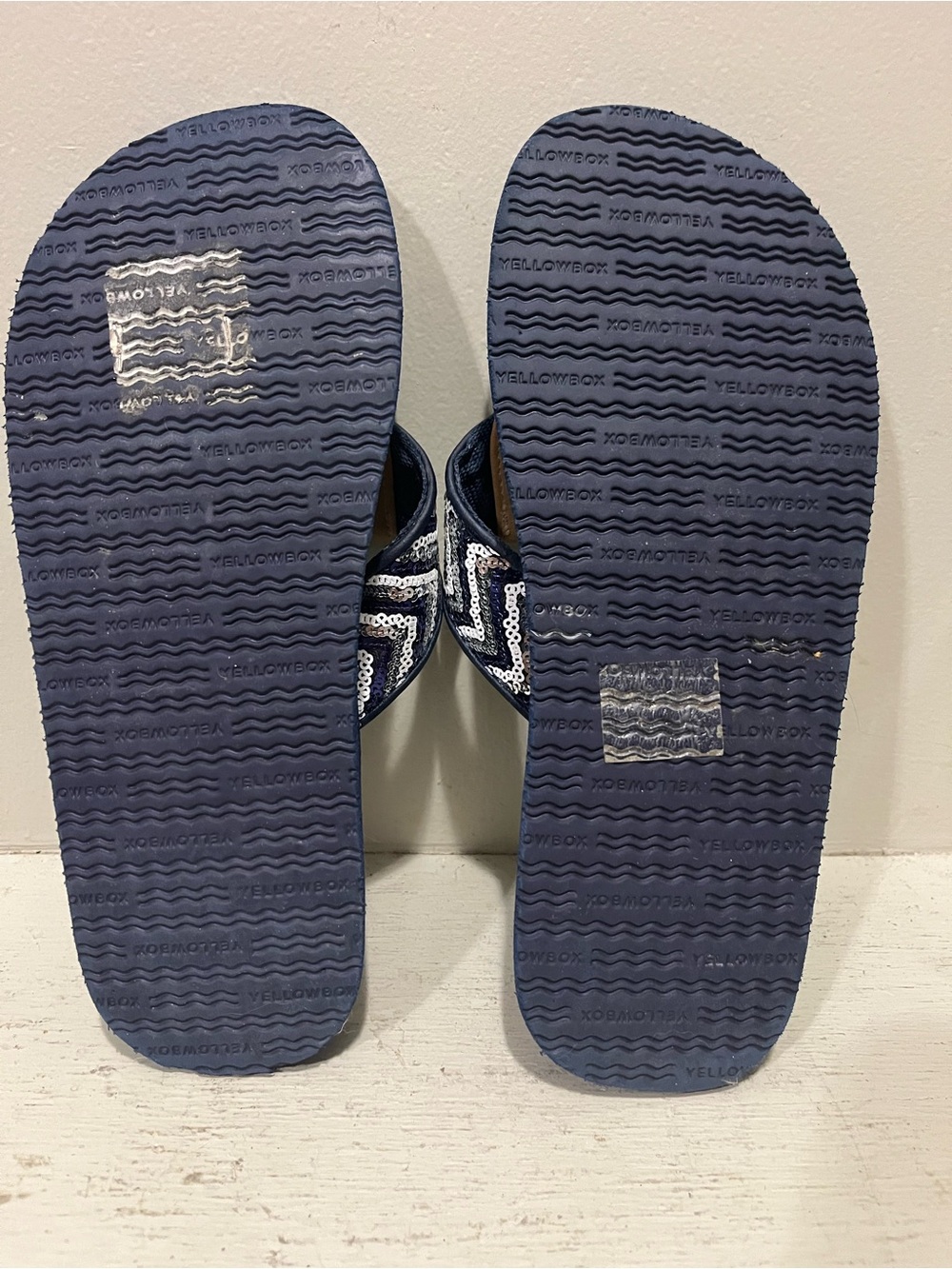 Yellow Box Navy and White Beaded Chevron Toe-Post Sandals - Picture 5 of 5